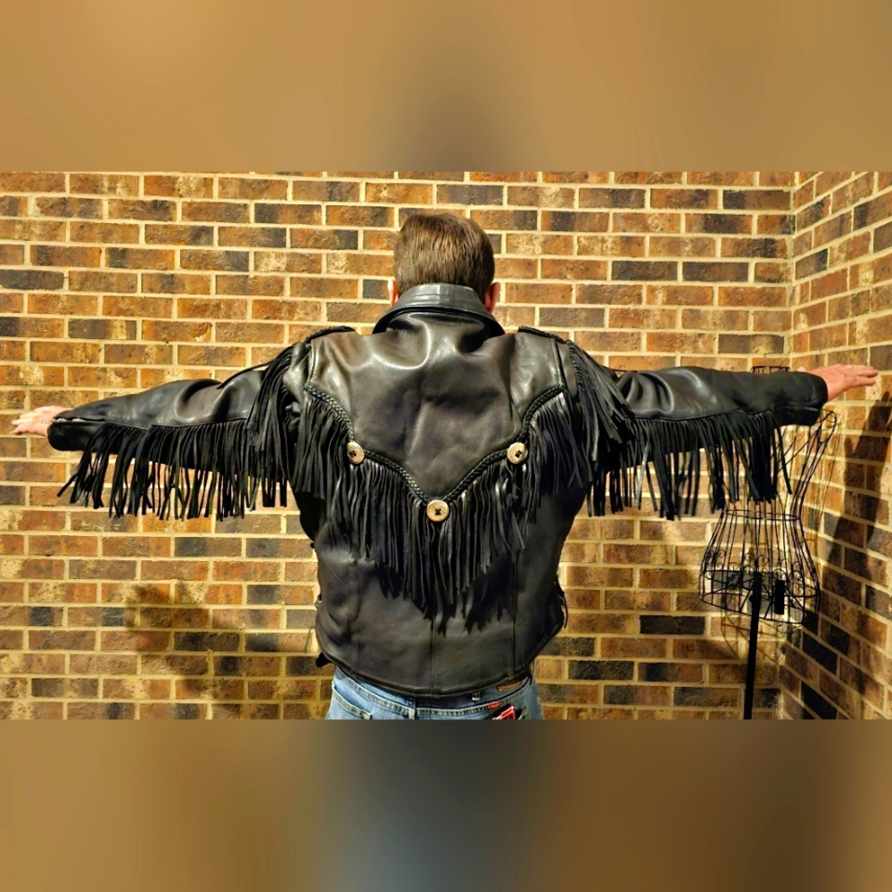 VINTAGE U.S. MADE Co. Black Leather Fringe Motorcycle Jacket Coat EUC